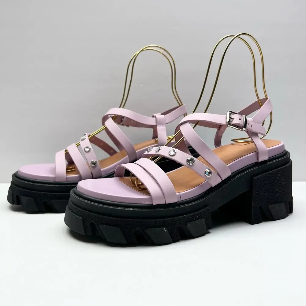 GANNI Crystal Embellished Strappy Block Heel Sandals EU 41 US 11 Pink Platform - Picture 5 of 11
